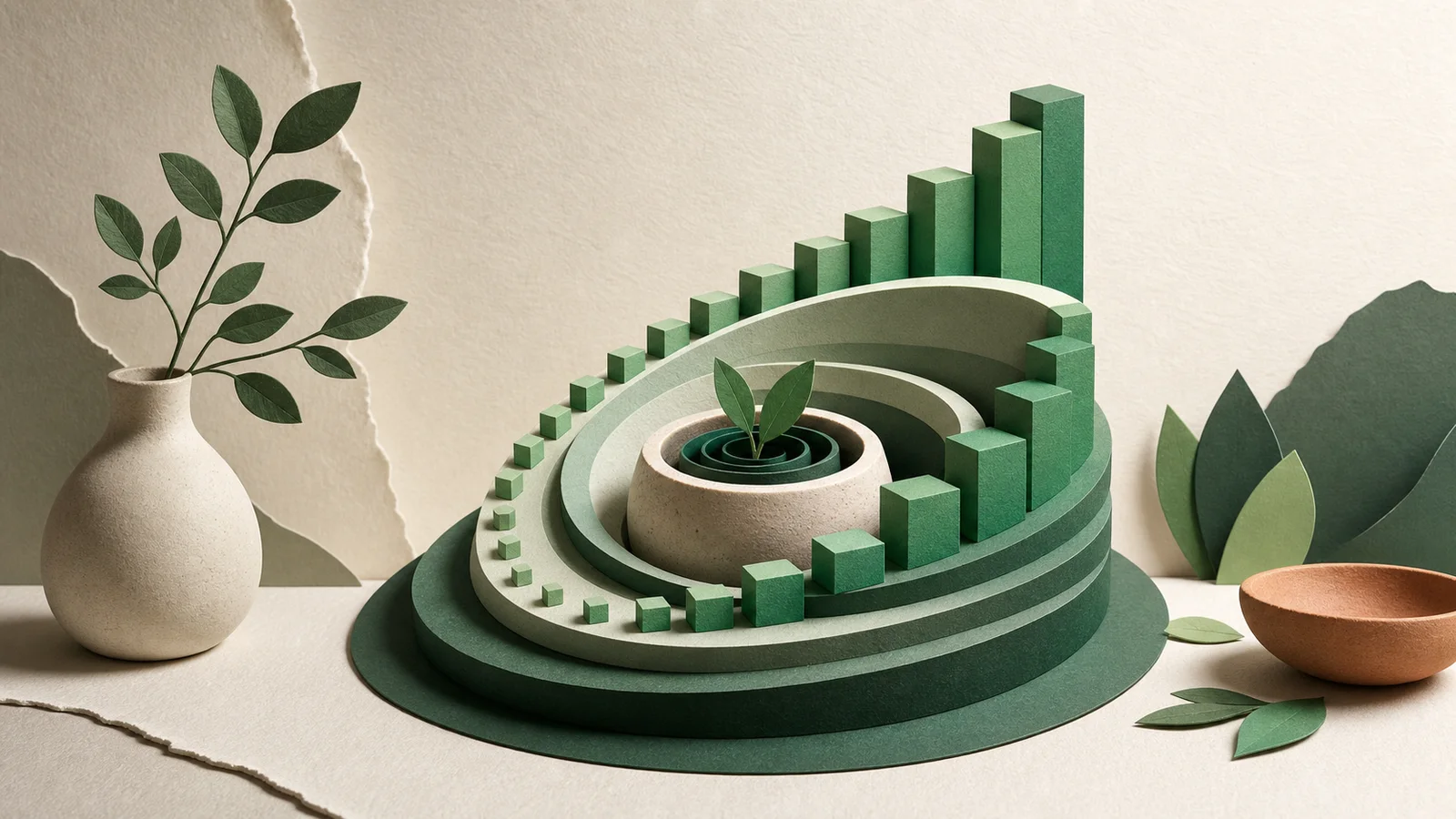 Espiral de piezas geométricas que crecen alrededor de un núcleo de ahorro y representan el interés compuesto