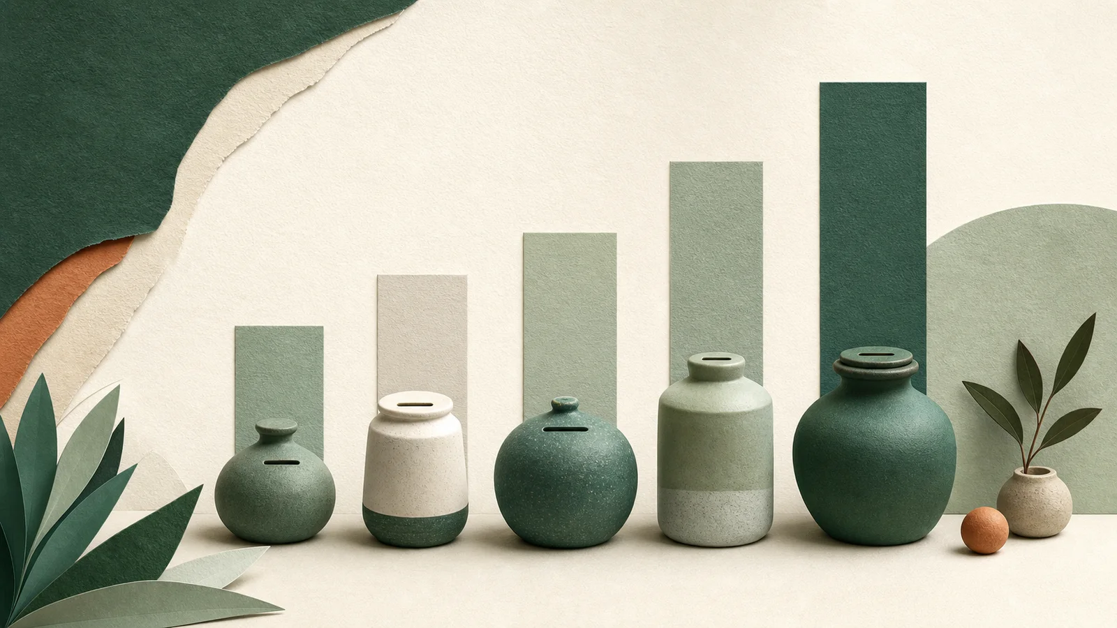Conjunto de recipientes de ahorro ordenados por altura sobre una superficie de papel verde y slate